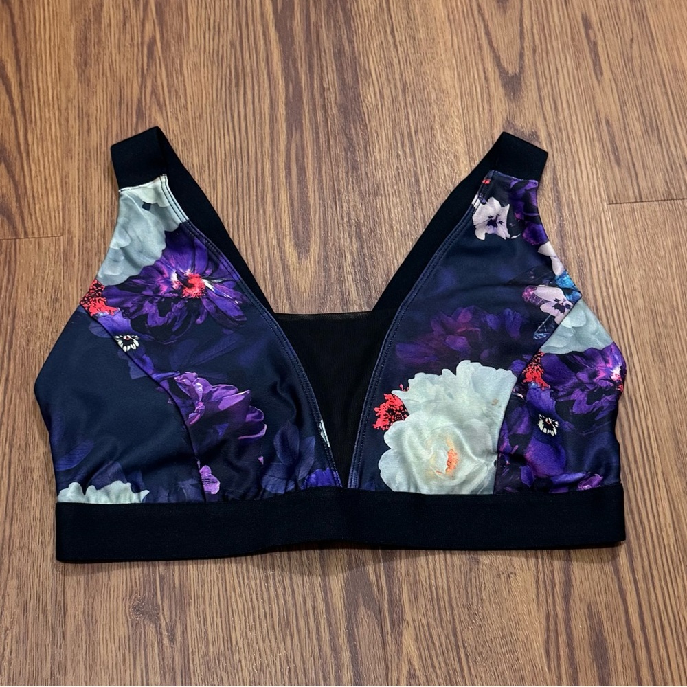 JoyLab Black Floral Sports Bra with Purple & White Flowers